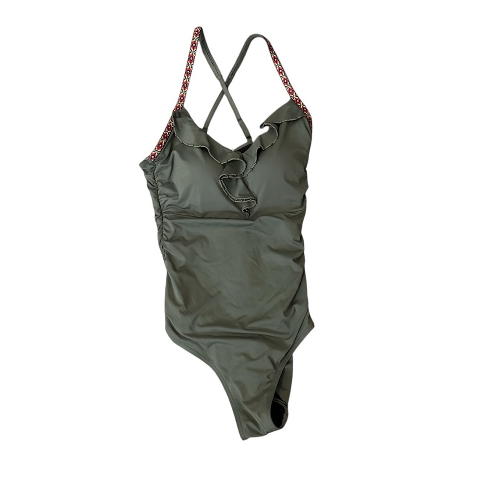 Sundance Olive Khaki Ruffle Embroidered Cross Strap One Piece Bathing Suit M